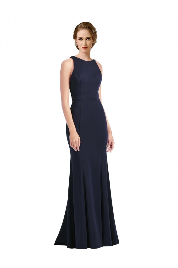 Sleeveless Scoop Neck Keyhole Back Stretch Crepe Sheath Black Tie Prom Dress / Bridesmaid Dress Brighton