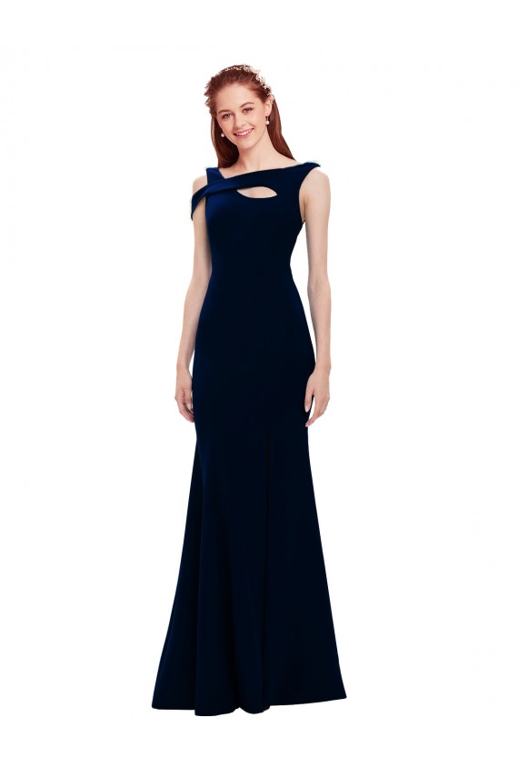 Sleeveless Dark Navy Off the Shoulder Long Stretch Crepe Mermaid Prom Dresses Brighton