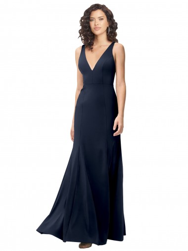Sleeveless Dark Navy V-Neck V-Back Stretch Crepe A-Line Formal Dress / Bridesmaid Dress Brighton