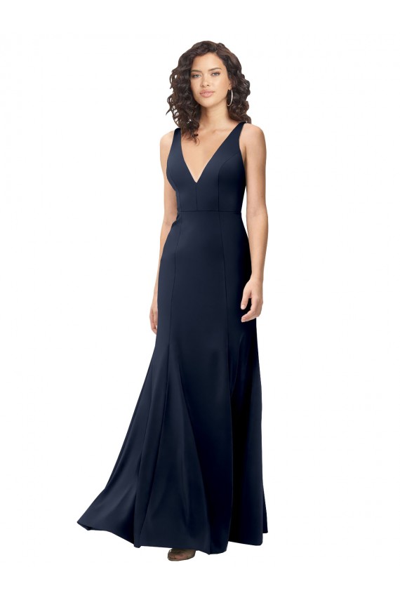 Sleeveless Dark Navy V-Neck V-Back Stretch Crepe A-Line Formal Dress / Bridesmaid Dress Brighton