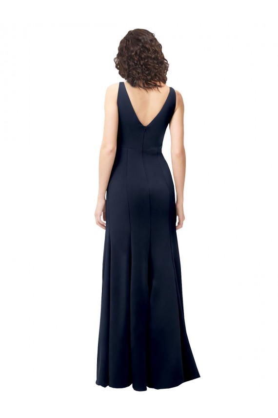 Sleeveless Dark Navy V-Neck V-Back Stretch Crepe A-Line Formal Dress / Bridesmaid Dress Brighton
