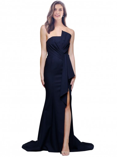 Sleeveless Dark Navy Strapless Low Back Stretch Crepe Sheath Semi Formal Evening Dress / Prom Dress / Bridesmaid Dress Brighton