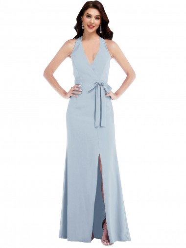 Sleeveless Light Sky Blue Halter Neck Open Back Stretch Crepe A-Line Formal Evening Gown / Prom Dress / Bridesmaid Dress Brighton