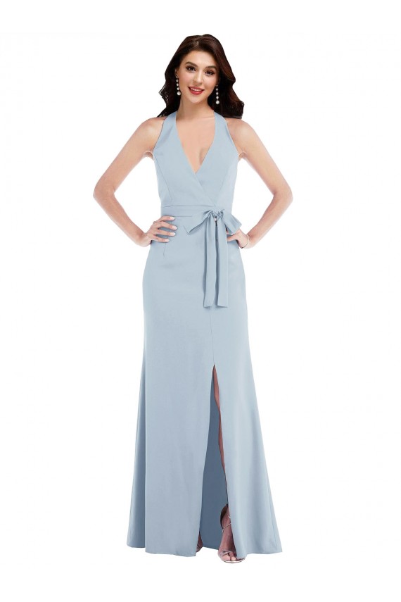 Sleeveless Light Sky Blue Halter Neck Open Back Stretch Crepe A-Line Formal Evening Gown / Prom Dress / Bridesmaid Dress Brighton