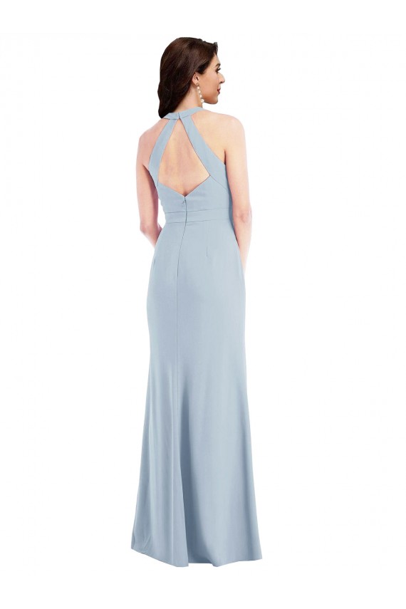 Sleeveless Light Sky Blue Halter Neck Open Back Stretch Crepe A-Line Formal Evening Gown / Prom Dress / Bridesmaid Dress Brighton