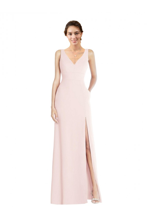 Sleeveless V-Neck Low Back Stretch Crepe A-Line Black Tie Evening Dress / Prom Dress / Bridesmaid Dress Brighton