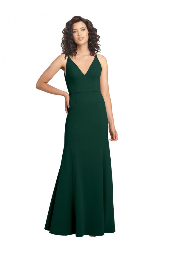 Sleeveless Midnight Green V-Neck V-Back Stretch Crepe A-Line Formal Dress / Bridesmaid Dress Brighton