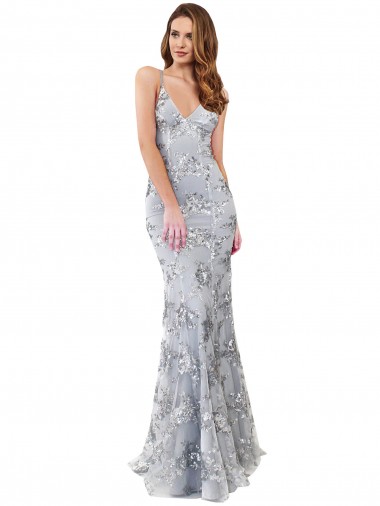 Sleeveless Silver V-Neck Backless Stretch Crepe & Sequin Tulle Mermaid Formal Evening Gown / Prom Dress / Bridesmaid Dress Brighton