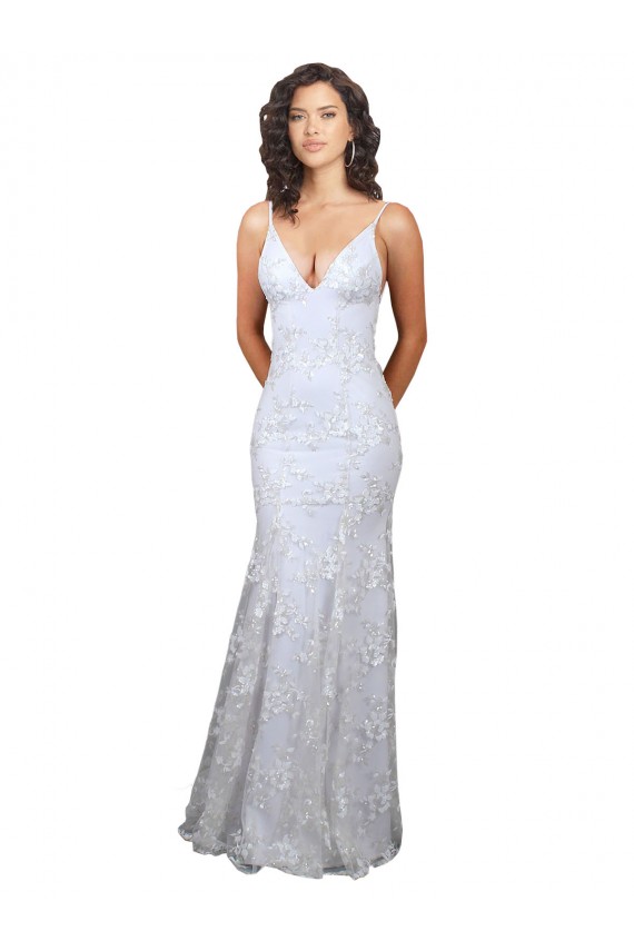 Sleeveless White V-Neck Backless Stretch Crepe & Sequin Tulle Mermaid Formal Evening Gown / Prom Dress / Bridesmaid Dress Brighton