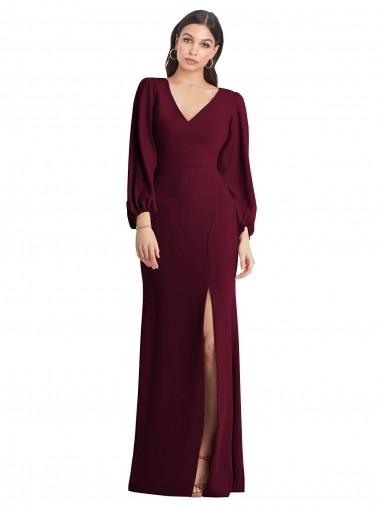 Puff Sleeves V-Neck Stretch Crepe Trumpet Semi Formal Evening Dress / Prom Dress / Bridesmaid Dress Brighton