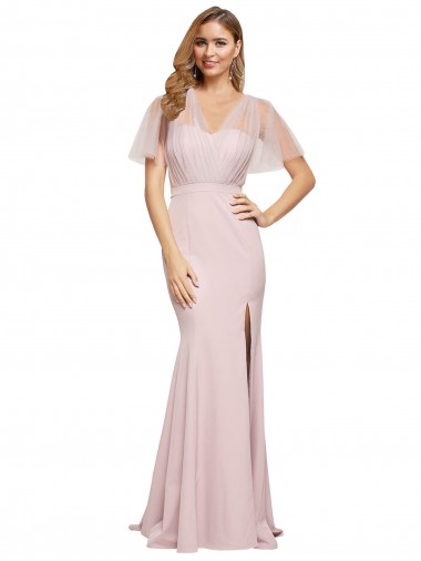 Short Sleeves One Shoulder Low Back Stretch Crepe & Tulle Sheath Formal Evening Gown / Prom Dress / Bridesmaid Dress Brighton