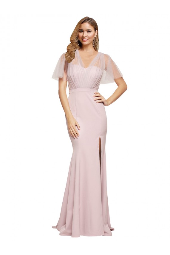 Short Sleeves One Shoulder Low Back Stretch Crepe & Tulle Sheath Formal Evening Gown / Prom Dress / Bridesmaid Dress Brighton