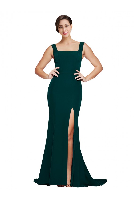 Sleeveless Midnight Green Square Neck Stretch Crepe Sheath Semi Formal Evening Dress / Prom Dress / Bridesmaid Dress Brighton