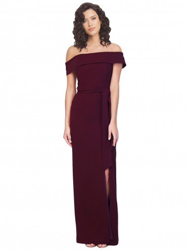 Sleeveless Burgundy Gold Off the Shoulder Low Back Stretch Crepe Sheath Formal Evening Gown / Prom Dress / Bridesmaid Dress Brighton