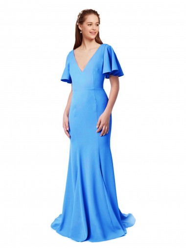 Short Sleeves V-Neck V-Back Stretch Crepe Mermaid, Sheath Prom Dress / Bridesmaid Dress Brighton