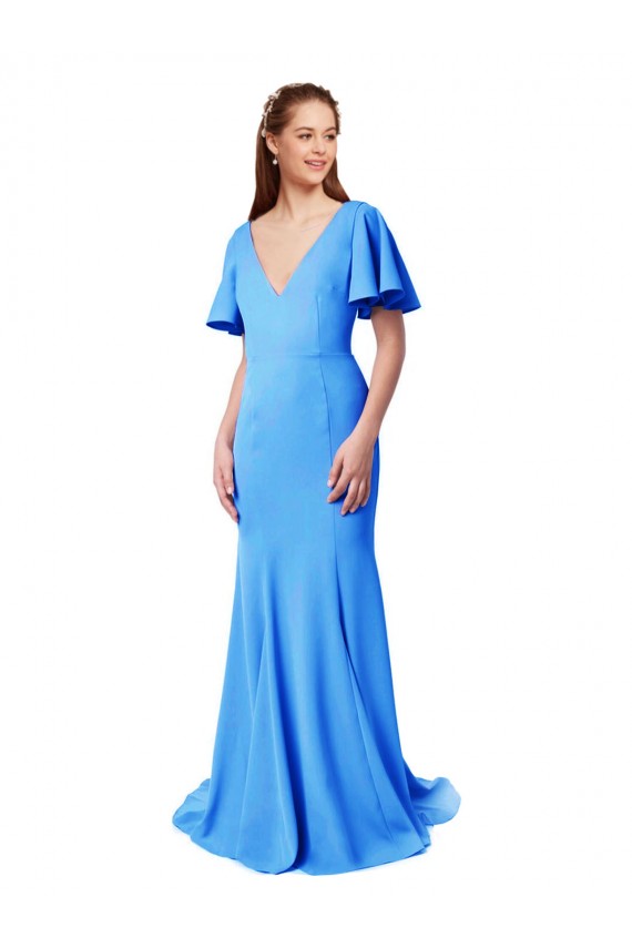 Short Sleeves V-Neck V-Back Stretch Crepe Mermaid, Sheath Prom Dress / Bridesmaid Dress Brighton