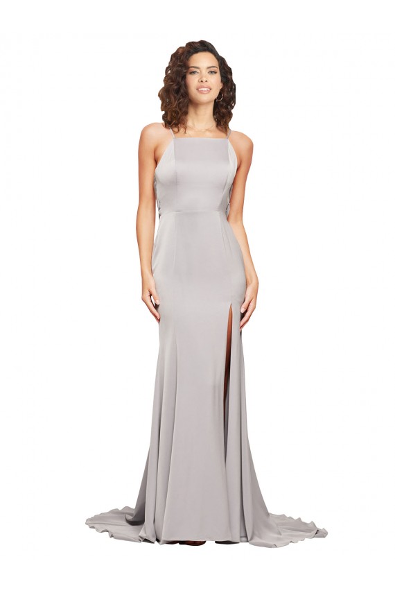 Sleeveless High Neck Low Back Stretch Satin A-Line Formal Evening Gown / Prom Dress / Bridesmaid Dress Brighton