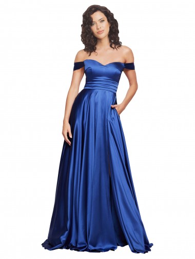 Sleeveless Off the Shoulder Stretch Satin A-Line Formal Evening Gown / Prom Dress / Bridesmaid Dress Brighton