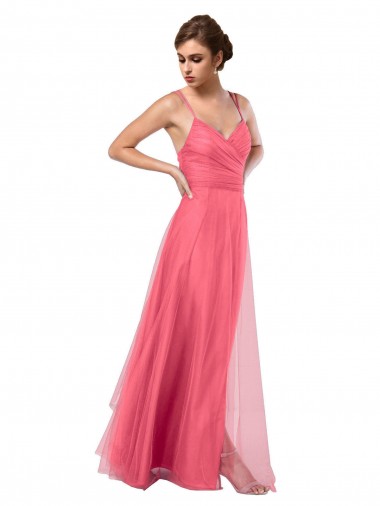 Sleeveless Watermelon Spaghetti Straps V-Back Tulle A-Line Bridesmaid Dress Brighton
