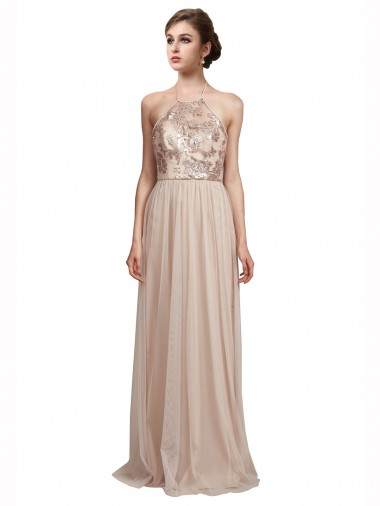 Sleeveless Nude Halter Neck Tulle A-Line Bridesmaid Dress Brighton