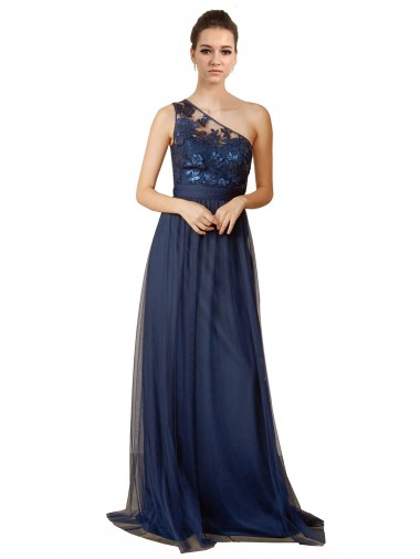 Sleeveless Dark Navy One Shoulder Tulle A-Line Bridesmaid Dress Brighton