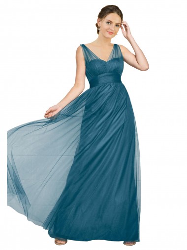 Sleeveless Teal Green V-Neck V-Back Tulle A-Line Bridesmaid Dress Brighton