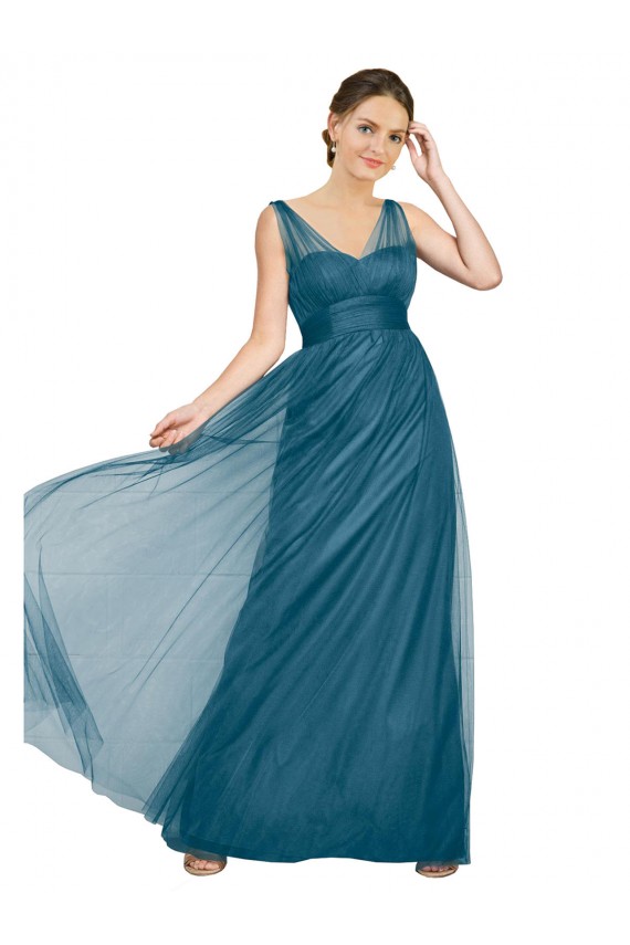 Sleeveless Teal Green V-Neck V-Back Tulle A-Line Bridesmaid Dress Brighton