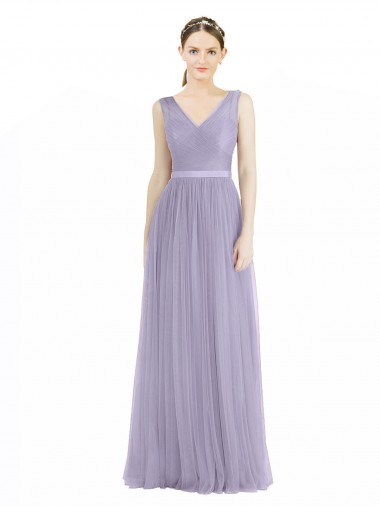 Sleeveless Lilac V-Neck V-Back Tulle A-Line Bridesmaid Dress Brighton