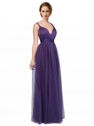Sleeveless Purple Spaghetti Straps Open Back Tulle A-Line Bridesmaid Dress Brighton