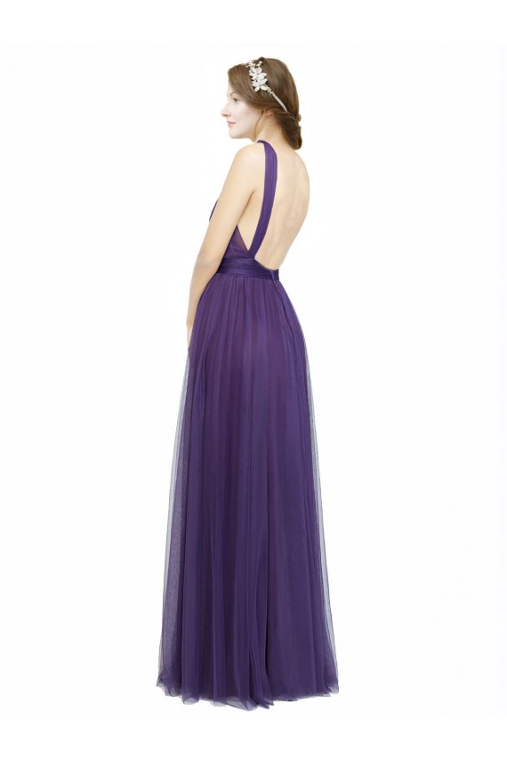 Sleeveless Purple Spaghetti Straps Open Back Tulle A-Line Bridesmaid Dress Brighton