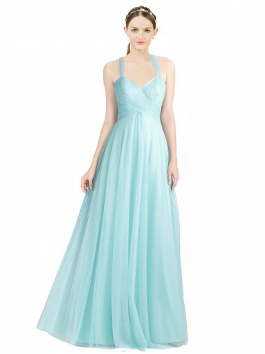 Sleeveless Mint Green Spaghetti Straps Open Back Tulle A-Line Bridesmaid Dress Brighton