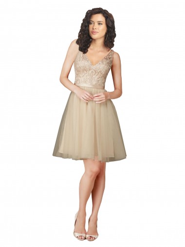 Sleeveless Champagne V-Neck V-Back Tulle & Lace A-Line Bridesmaid Dress Brighton