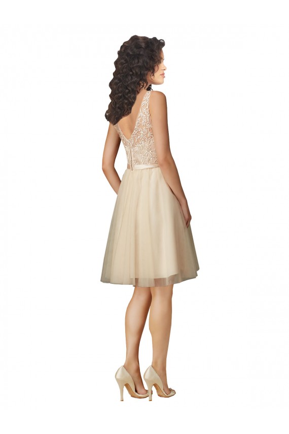Sleeveless Champagne V-Neck V-Back Tulle & Lace A-Line Bridesmaid Dress Brighton