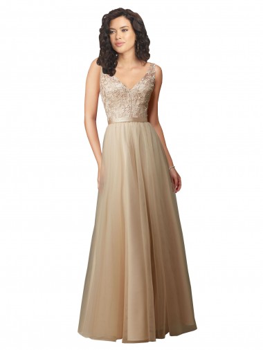 Sleeveless Champagne V-Neck V-Back Tulle & Lace A-Line Bridesmaid Dresses Brighton