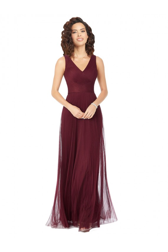Sleeveless Burgundy Gold V-Neck Tulle A-Line Bridesmaid Dress Brighton