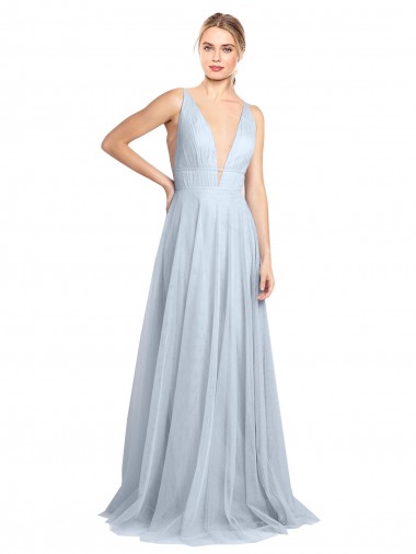 Sleeveless Light Sky Blue Spaghetti Straps V-Back Tulle A-Line Bridesmaid Dress Brighton