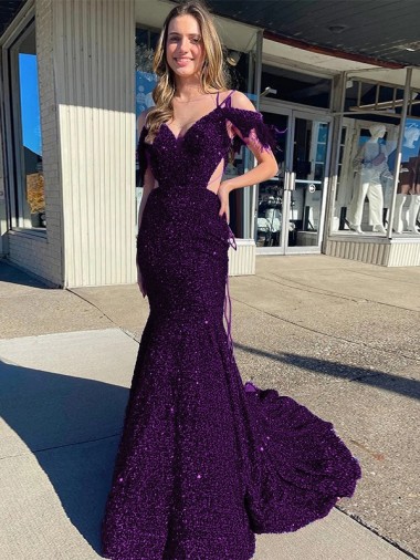 Sleeveless Plum Purple Spaghetti Straps Velvet Sequin Sheath Prom Dress / Evening Dress Brighton