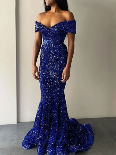 Sleeveless Off the Shoulder Velvet Sequin Mermaid Prom Dresses Brighton