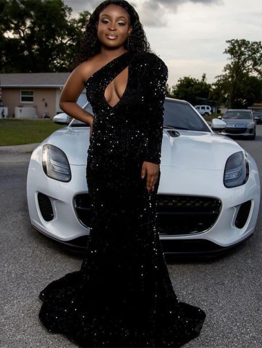 Long Sleeves One Shoulder Velvet Sequin Sheath Prom Dress Brighton