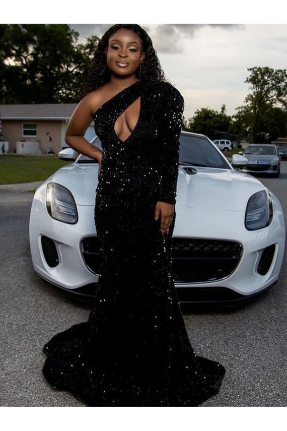 Long Sleeves One Shoulder Velvet Sequin Sheath Prom Dress Brighton