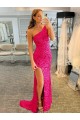 Sleeveless Fuchsia One Shoulder Velvet Sequin Sheath Evening Dress Brighton