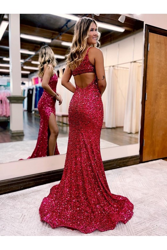Sleeveless One Shoulder Velvet Sequin Mermaid Evening Dress Brighton