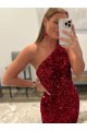 Sleeveless Pink One Shoulder Velvet Sequin Sheath Prom Dress Brighton