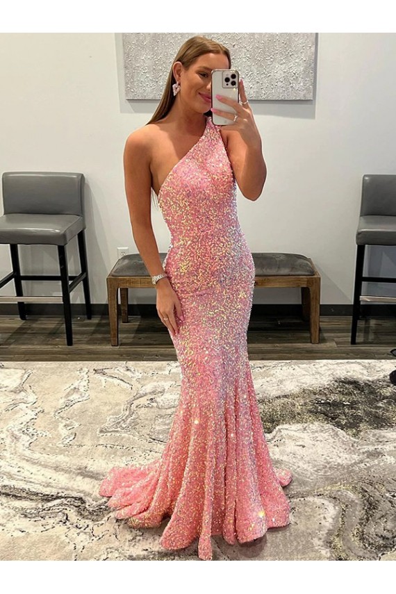 Sleeveless Pink One Shoulder Velvet Sequin Sheath Prom Dress Brighton