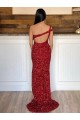 Sleeveless Burgundy One Shoulder Velvet Sequin Sheath Evening Dresses Brighton