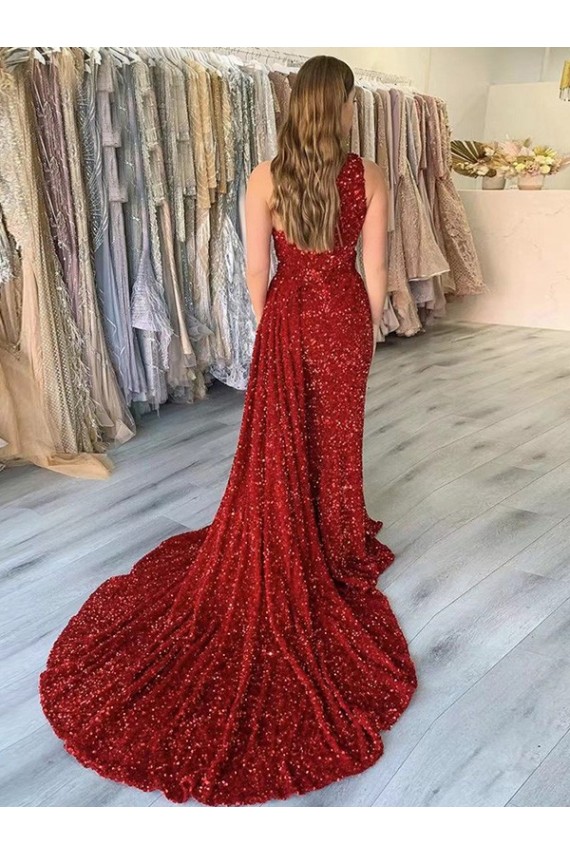 Sleeveless Burgundy One Shoulder Velvet Sequin Sheath Prom Dress Brighton