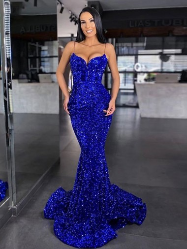 Sleeveless Spaghetti Straps Velvet Sequin Mermaid Evening Gown / Prom Dress Brighton
