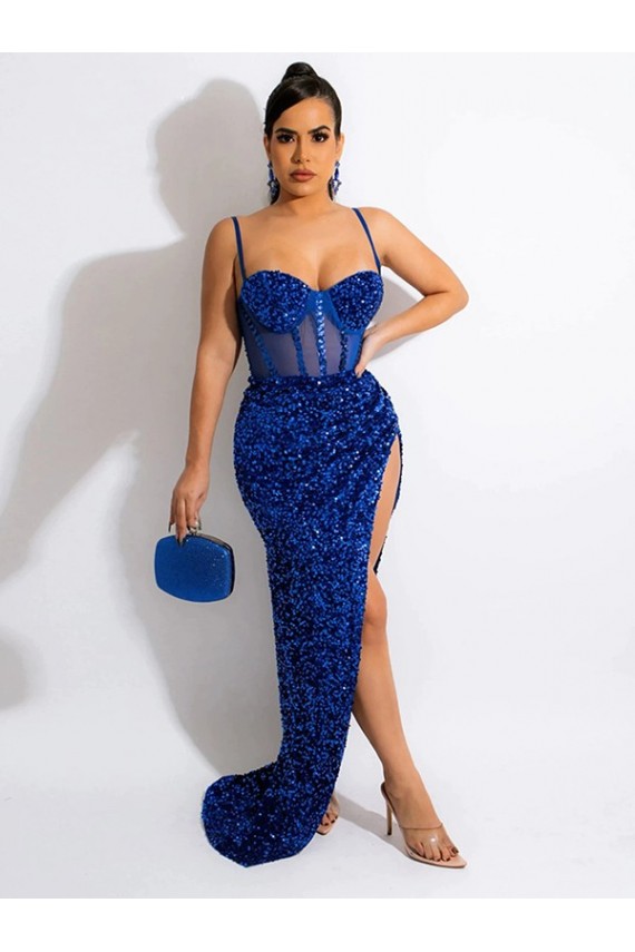 Sleeveless Royal Blue Spaghetti Straps Velvet Sequin Sheath Evening Dress Brighton