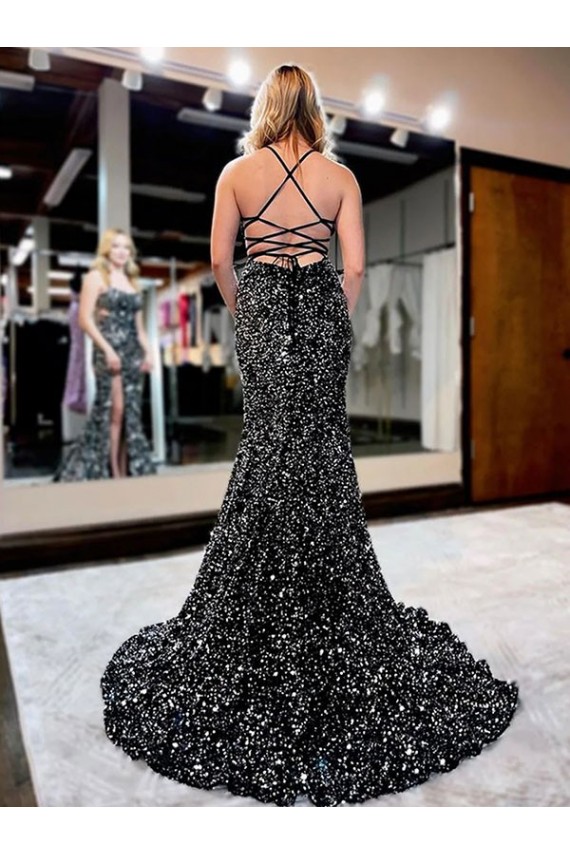 Sleeveless Spaghetti Straps Velvet Sequin Sheath Long Prom Dress Brighton