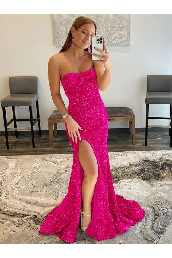 Sleeveless Fuchsia Strapless Velvet Sequin Sheath Prom Dress Brighton